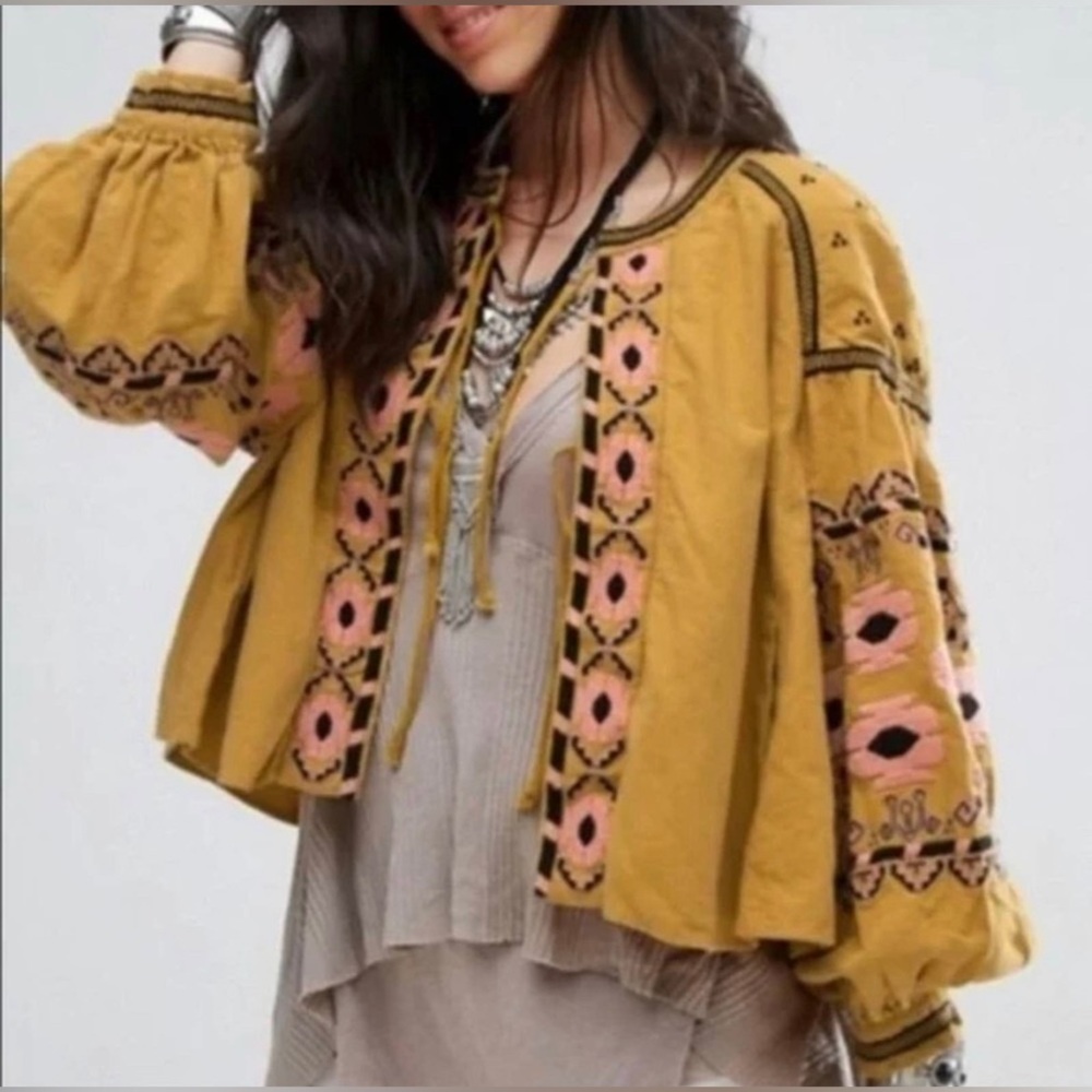 Anthropologie Rd & Koko Embroidered Cotton Boho Tie Front Blouse Petite S